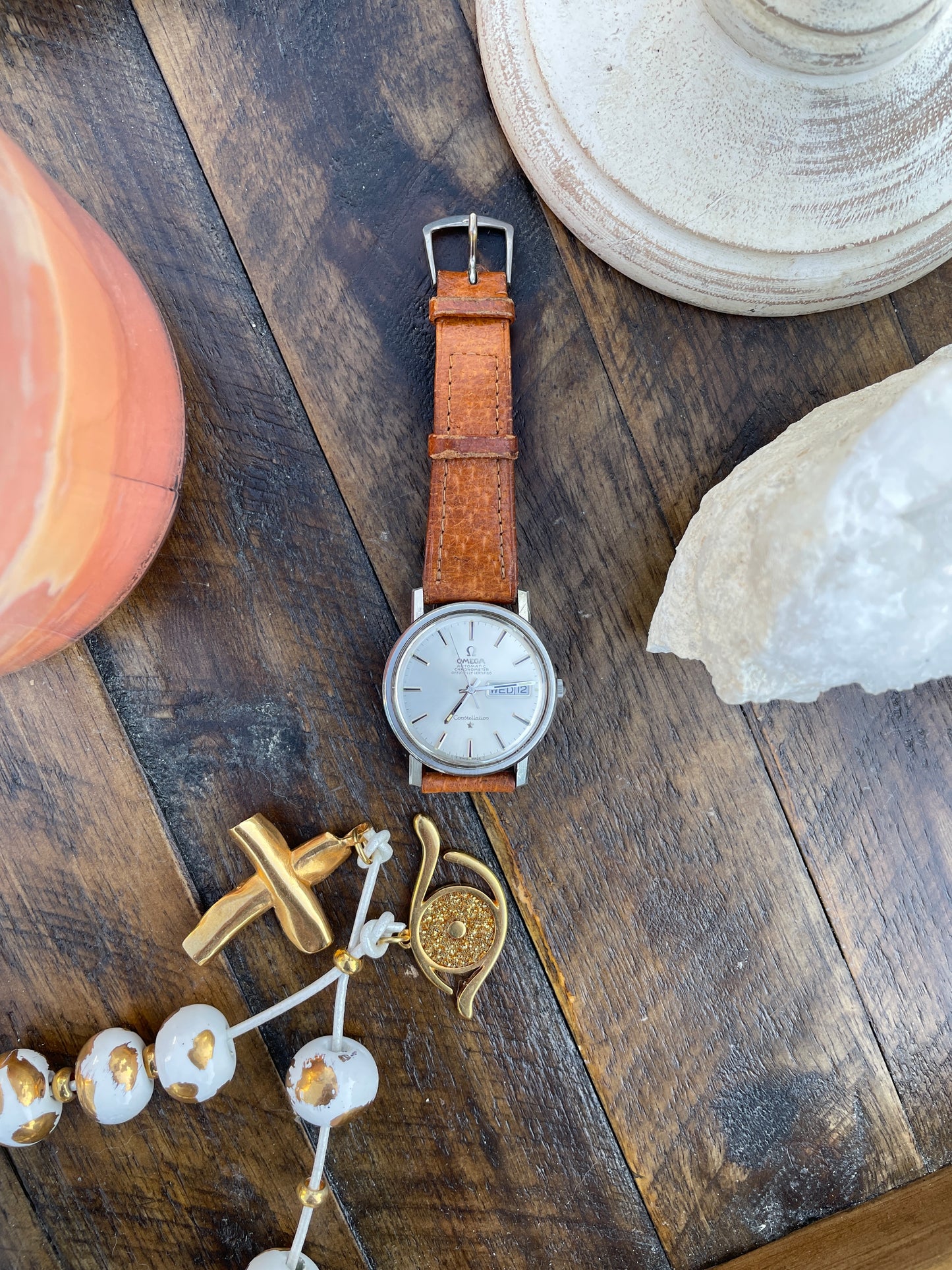 Vintage Omega Constellation 168.016 front with strap