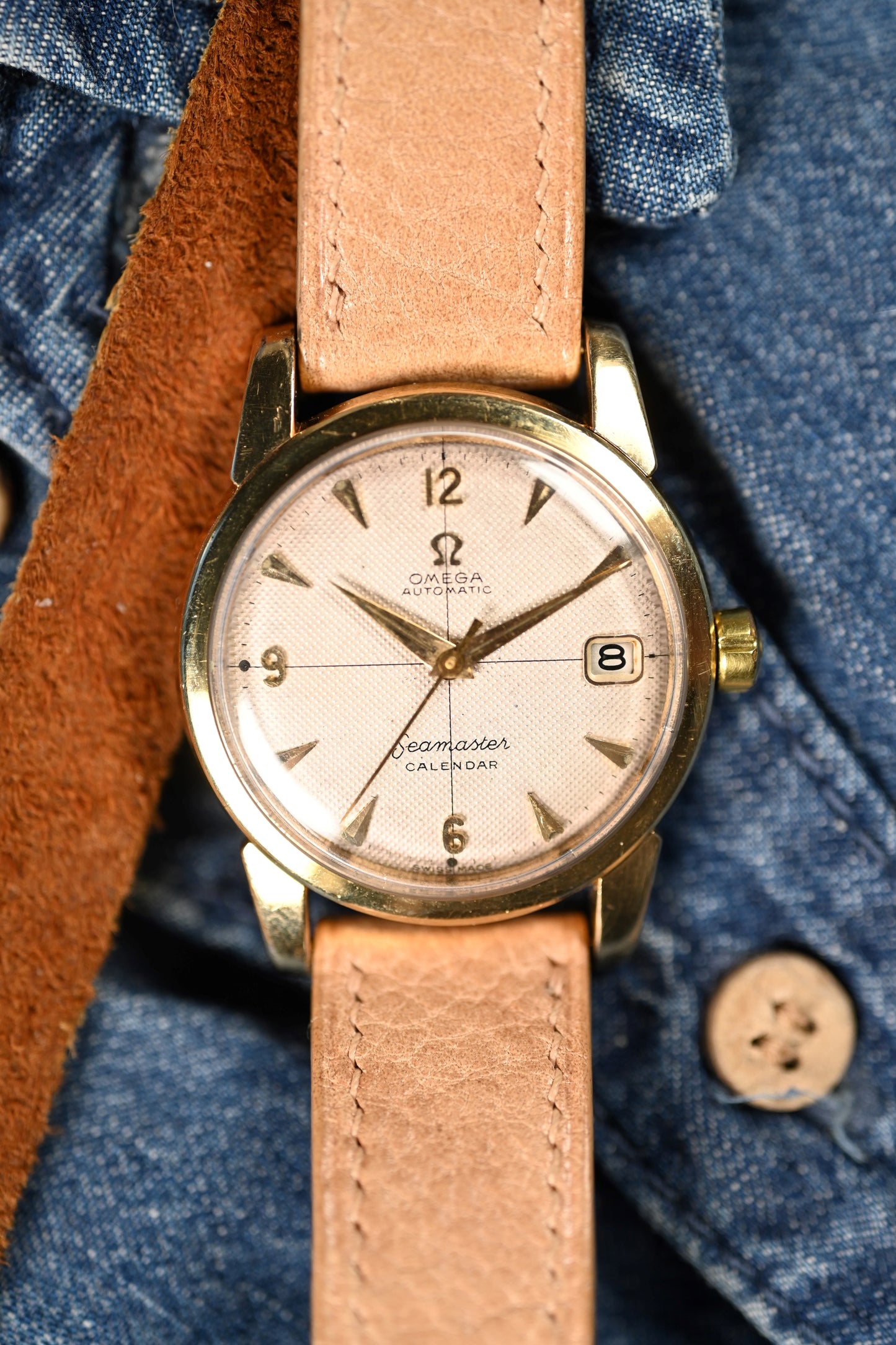 Vintage Omega Seamaster Calendar - Waffle Dial w/ NAIAD crown and original buckle.