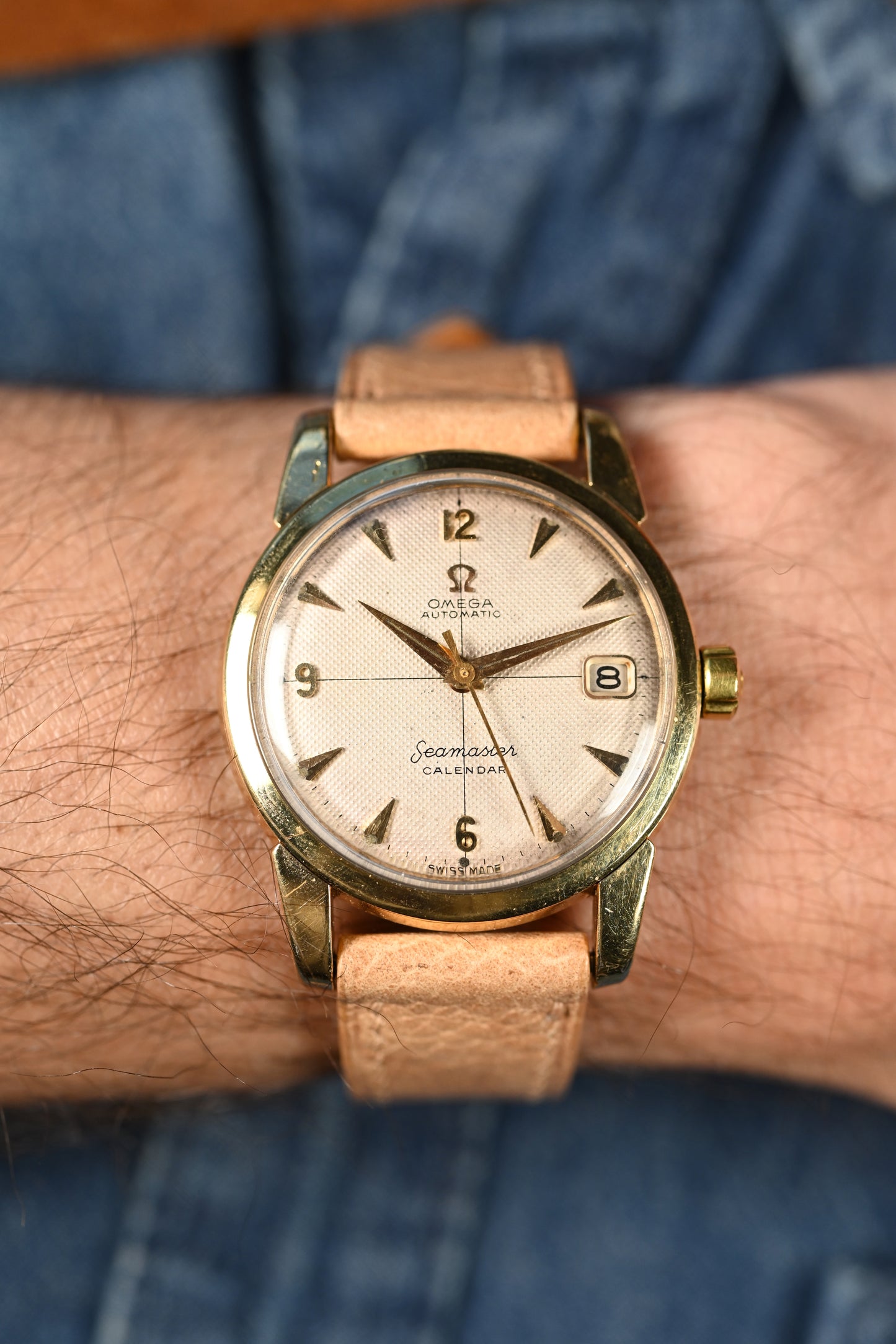 Vintage Omega Seamaster Calendar - Waffle Dial w/ NAIAD crown and original buckle.