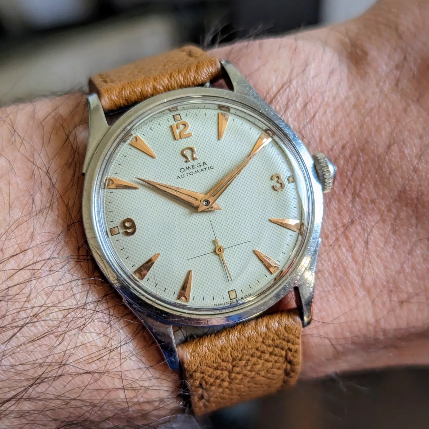 Vintage Omega Honeycomb Waffle Dial wrist shot