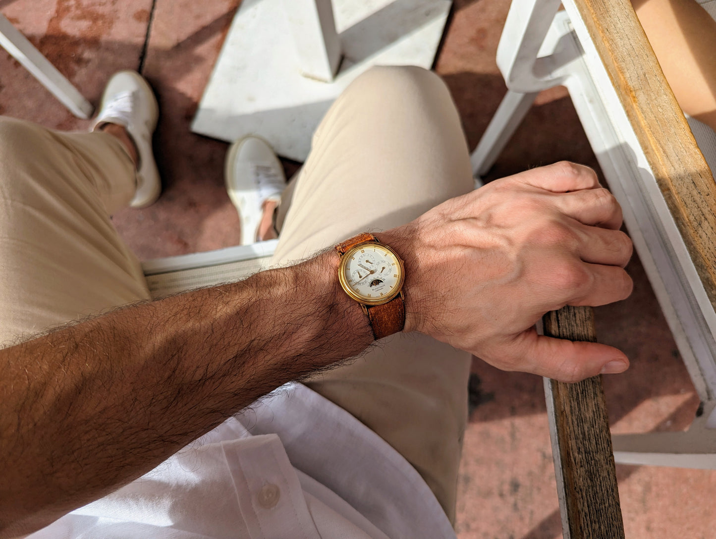 Vintage Blancpain Perpetual Calendar 5395 wrist shot with outfit